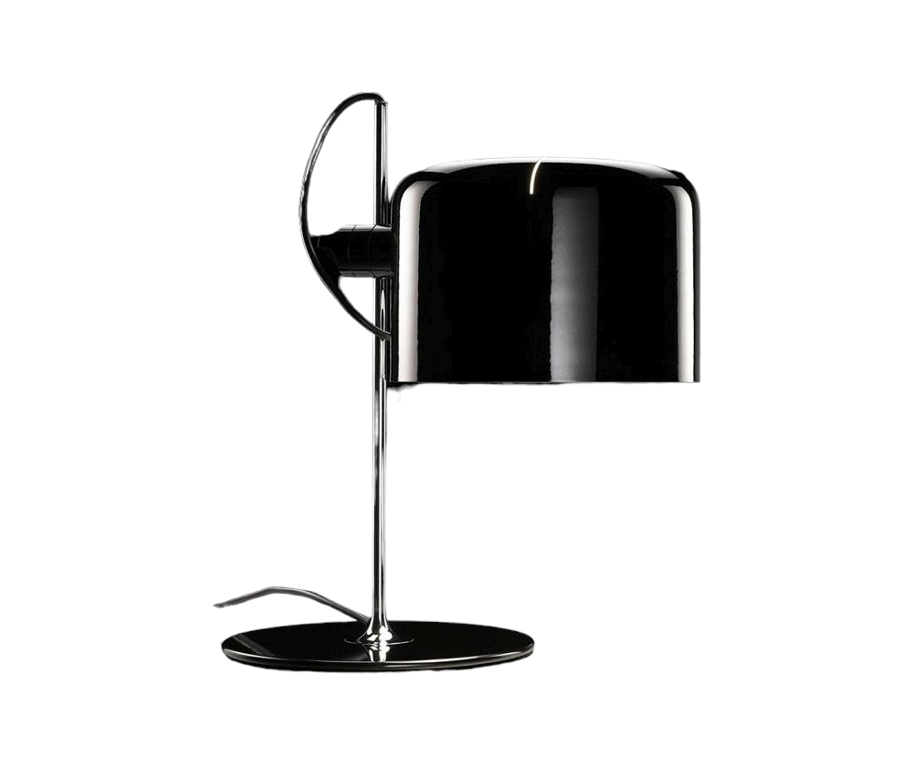 Schwarze Coupé Tischleuchte von Oluce: Design Lampe mit verchromtem Gestell und Schirm.