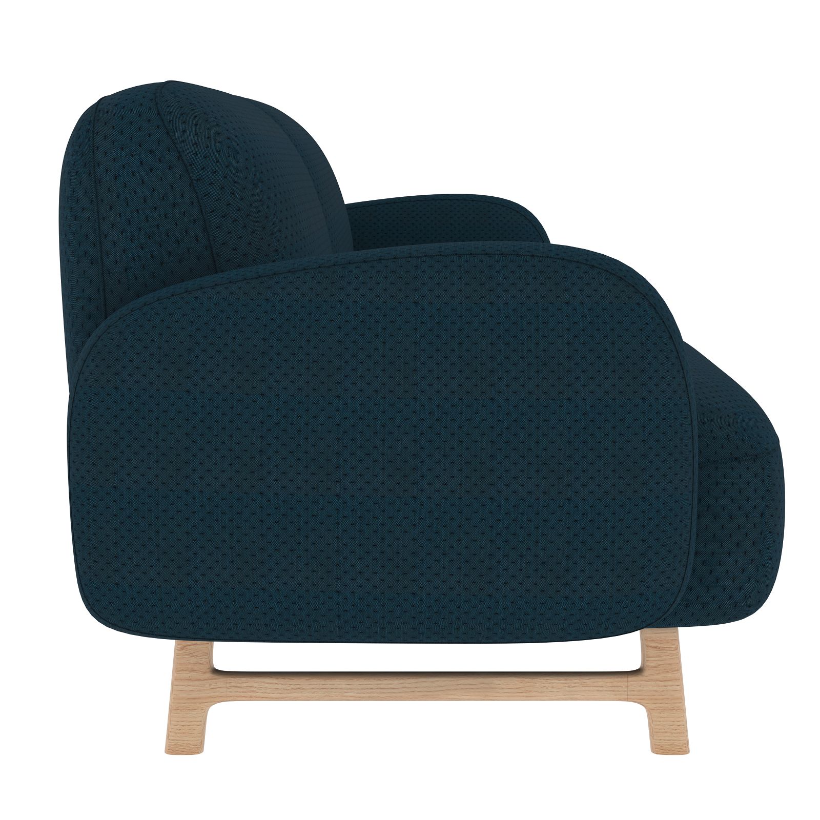Auguste Sofa in Blau: Seitliche Ansicht des 3-Sitzer Sofas mit Holzgestell für Wohnzimmer.