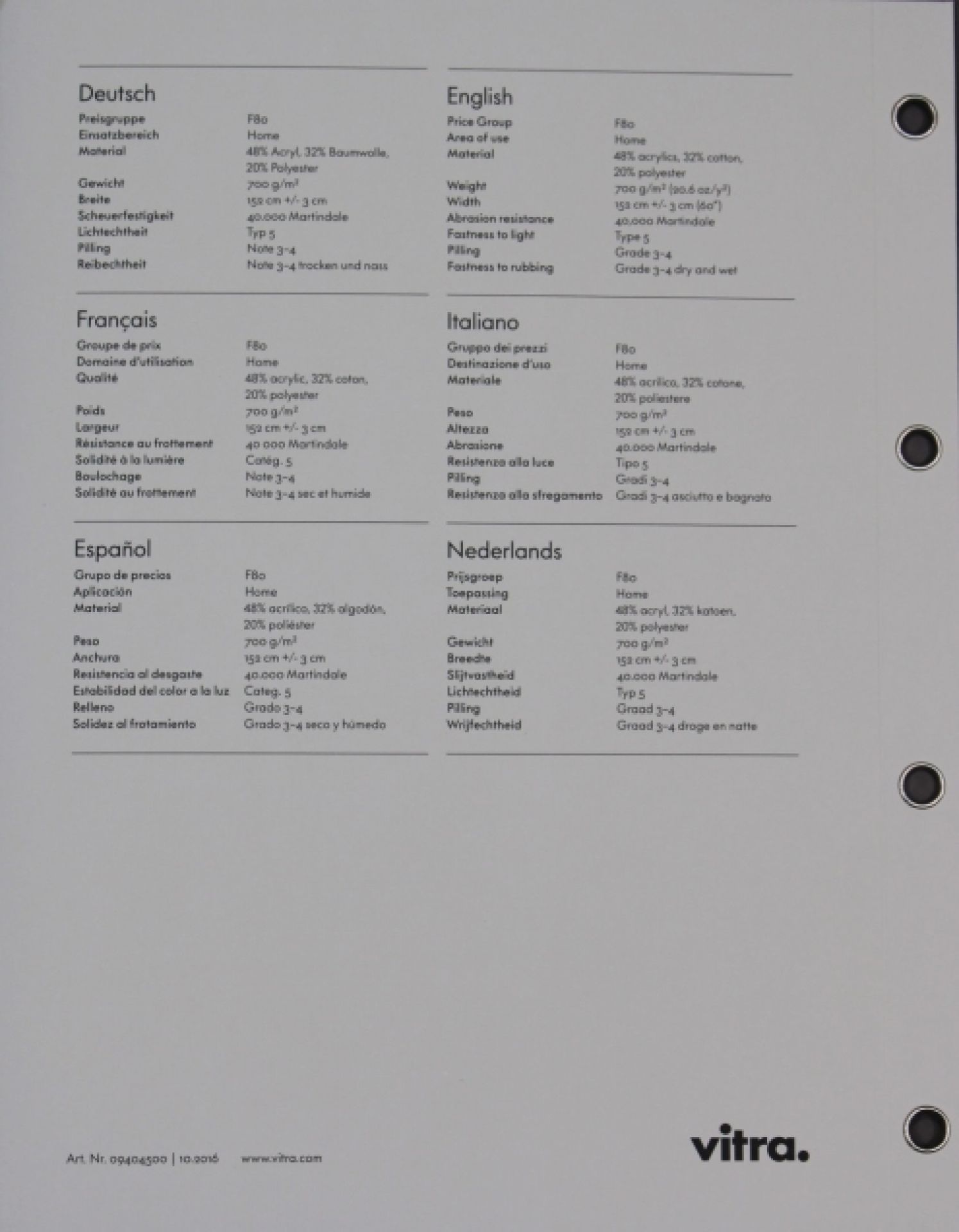 Detailansicht der Vitra Stoffmusterkarte Iroko 2 mit technischen Daten in verschiedenen Sprachen.