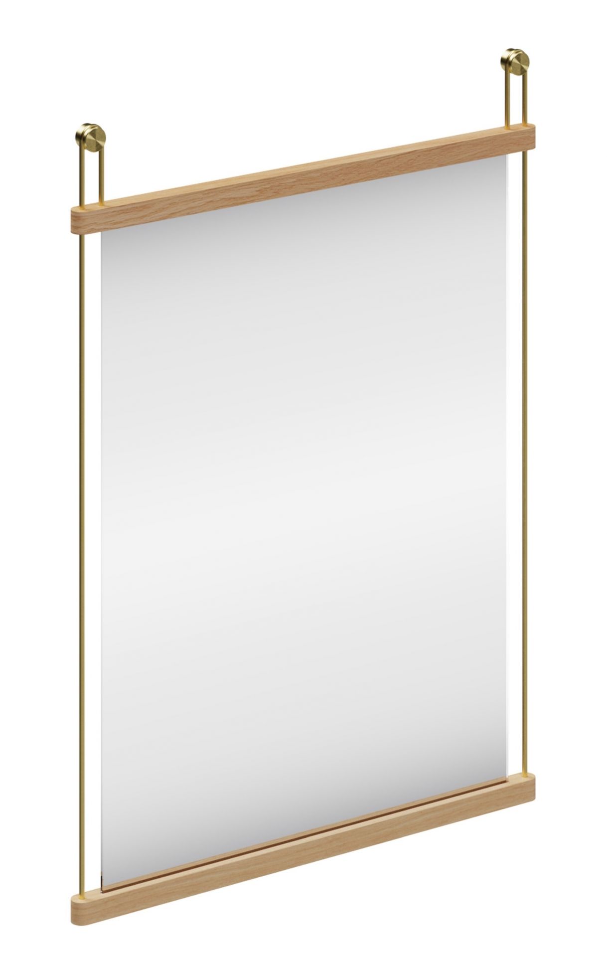 Woud Suspended Mirror Small: Rechteckiger Wandspiegel mit hellem Holzrahmen und goldenen Aufhängungen.