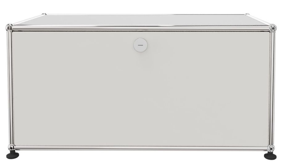 USM Haller Lowboard in Reinweiß mit einer Klappe und verchromtem Gestell, Frontansicht.