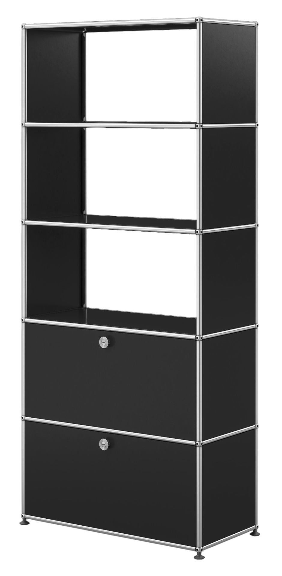 Schwarzes USM Haller Regal mit zwei Klappen und offenen Fächern, modernes modulares Möbeldesign.