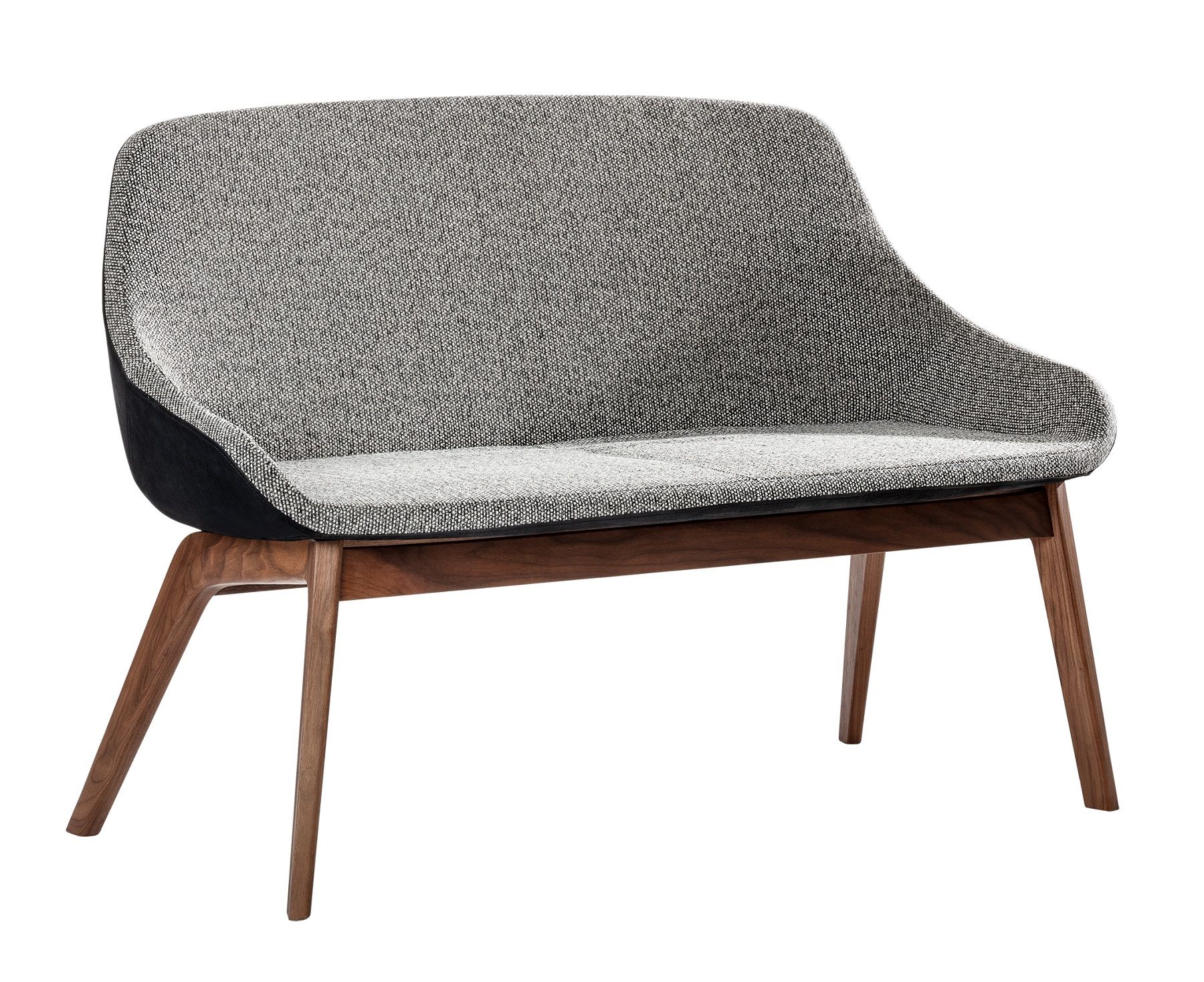 Morph Duo Sofa mit grauem Stoffbezug und dunklem Holzgestell, modernes Design für Esszimmer.