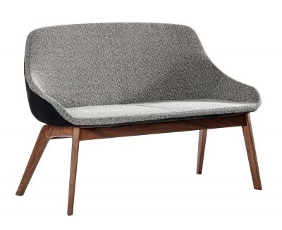 Morph Duo Sofa mit grauem Stoffbezug und dunklem Holzgestell, modernes Design für Esszimmer.