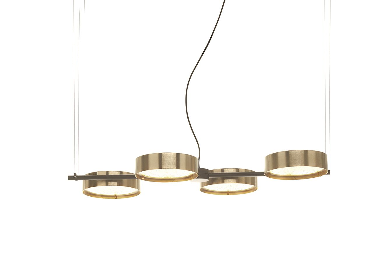Berlin 823 Hängeleuchte von Oluce: Moderne Pendelleuchte mit vier goldenen Lampenschirmen für stilvolle Beleuchtung.