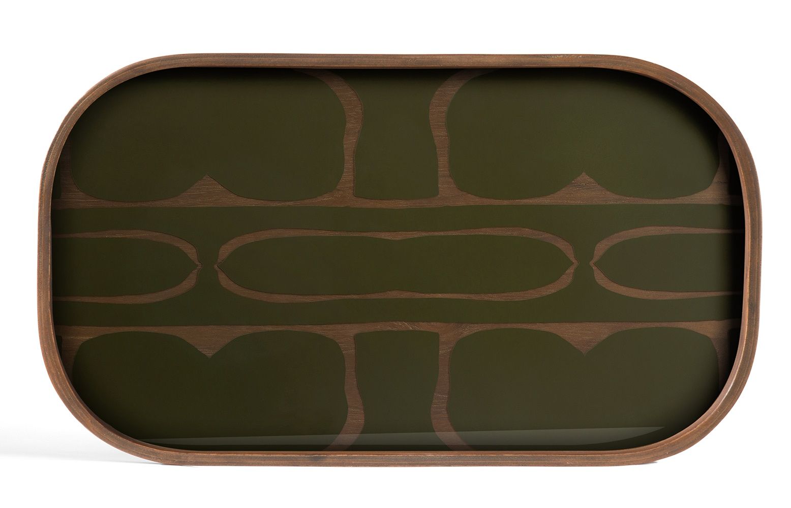 Rechteckiges Second Nature Tablett von Ethnicraft mit braunem Holzrahmen und grünem, gemustertem Innenraum.