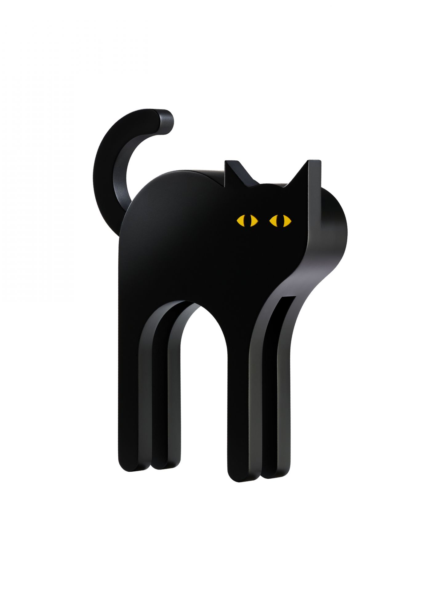 Schwarze Tecta Holzfigur Katze mit gelben Augen, modernes Design für Wohnaccessoires und Dekoration.