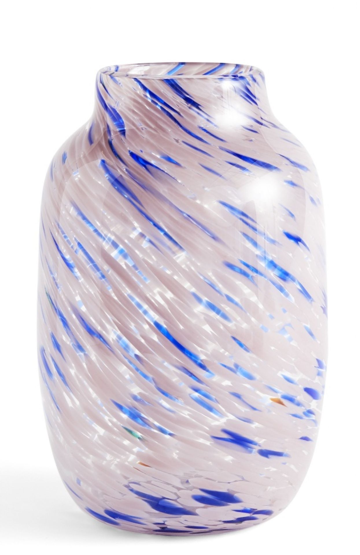 Splash Vase von Hay: Runde, hellrosa Glasvase mit blauen Akzenten. Dekorative Blumenvase.