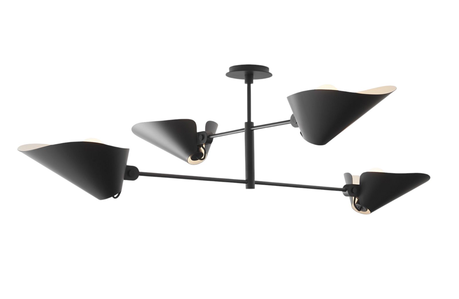 Schwarze Bonnet Pendelleuchte von AndTradition mit vier Leuchtenarmen und Kegelschirmen. Moderne Hängelampe für Wohnraum.