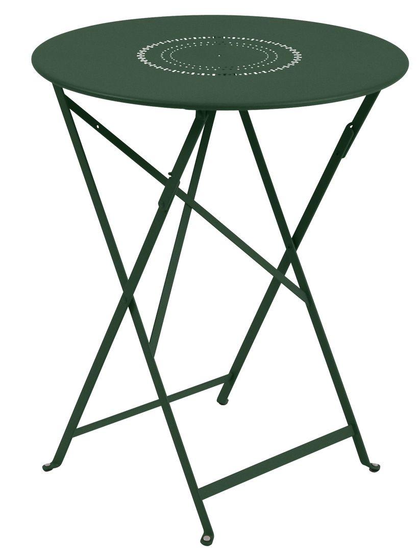 Grüner Floréal Tisch von Fermob für den Außenbereich, runder Gartentisch mit filigranem Muster.