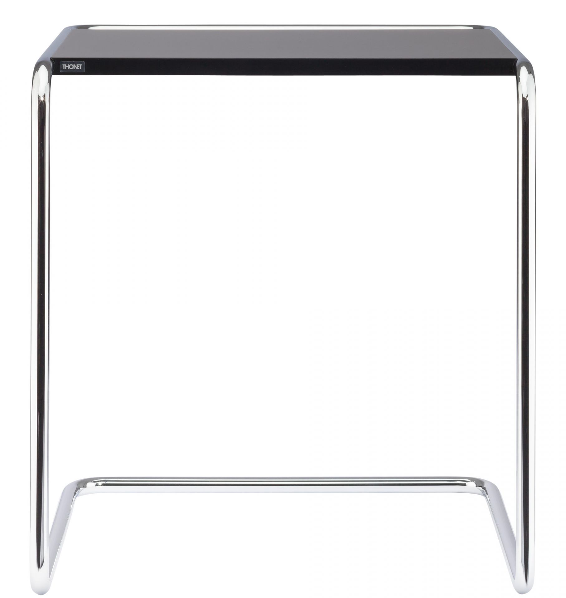 B97 Thonet Beistelltisch mit schwarzer Tischplatte und verchromtem Stahlrohr-Gestell, modernes Möbeldesign.