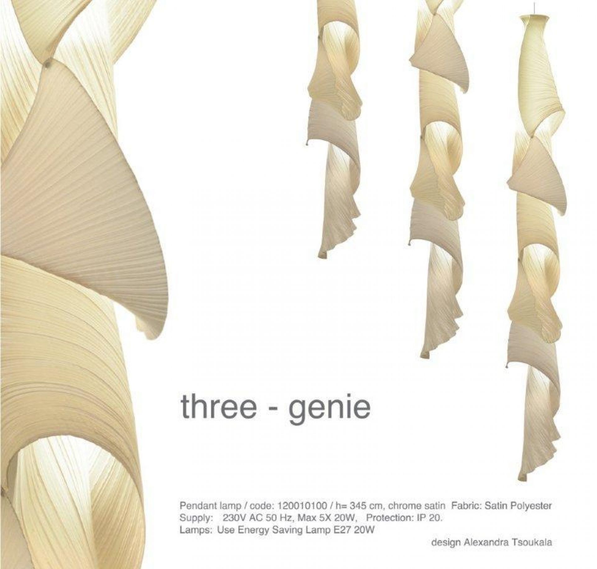 Three Genie Pendelleuchte von Alexandra Tsoukala, moderne Hängelampe aus Stoff, beige, für Wohnzimmer und Esszimmer.