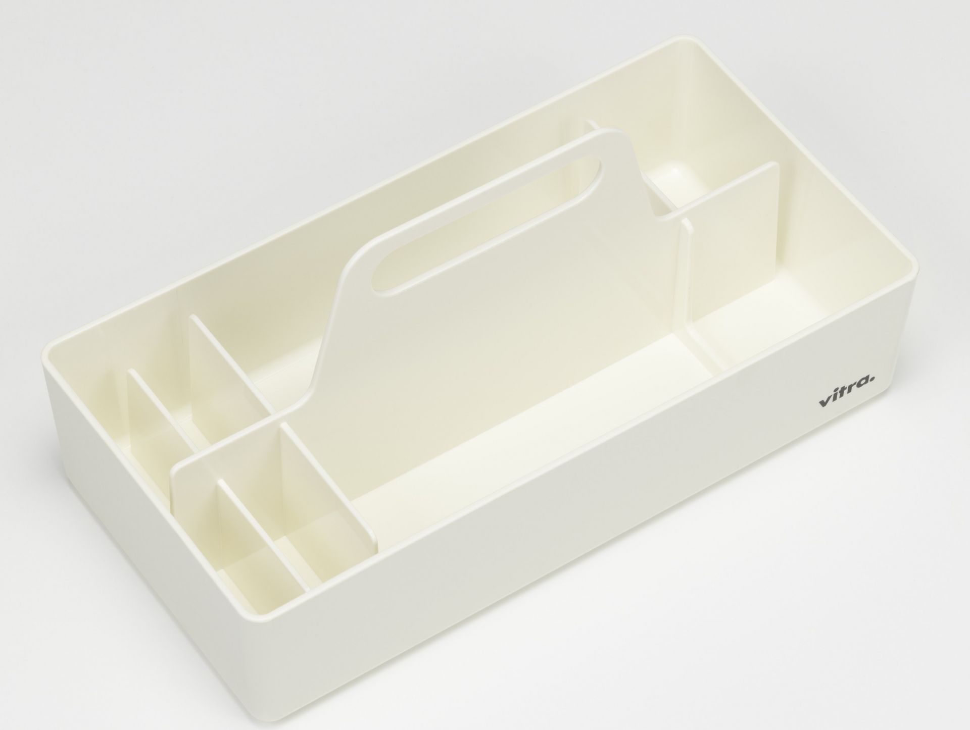 Weiße Vitra Toolbox RE Organisationsbox mit Fächern und Tragegriff zur Aufbewahrung und Organisation.