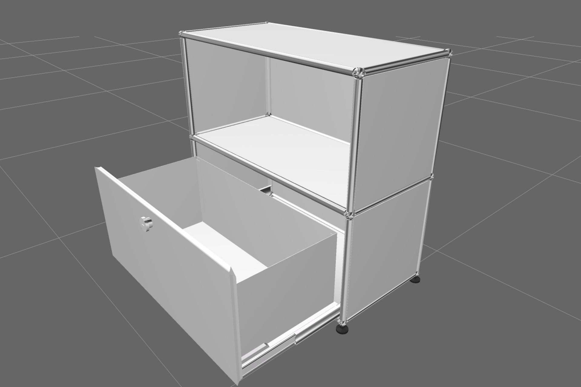 USM Haller Sideboard in Reinweiß mit einem offenen Fach und einer Schublade, modernes Design.