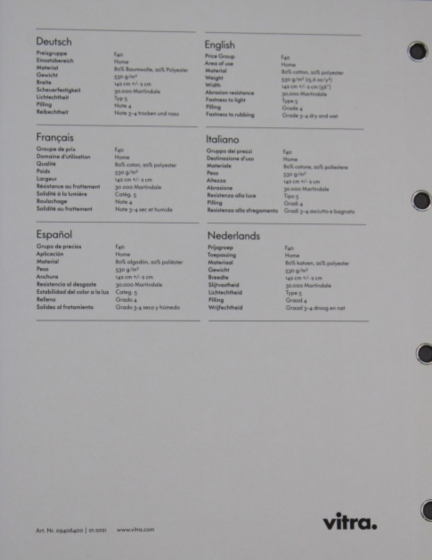 Stoffmusterkarte Mello Vitra: Nahaufnahme der Materialspezifikationen in verschiedenen Sprachen für Möbelstoffe.