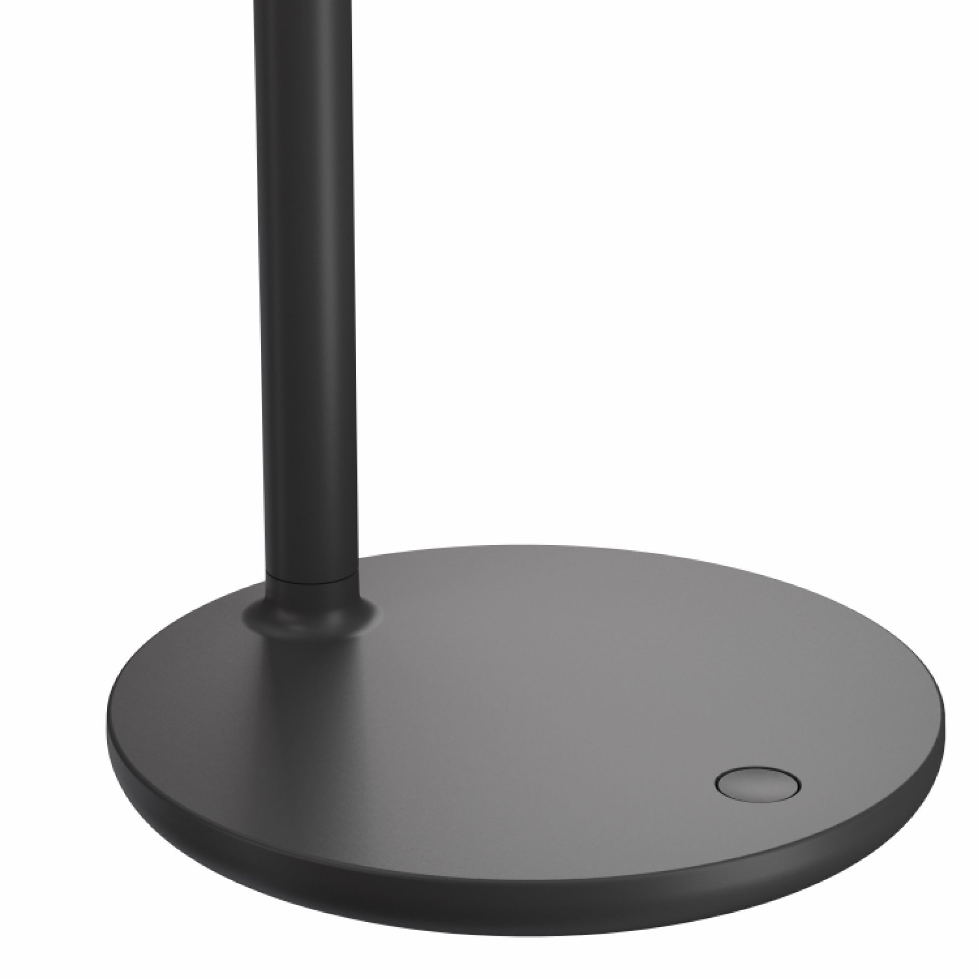 Detailansicht des hellgrauen Fußes der Flos Oblique Qi Tischleuchte mit rundem Sockel.