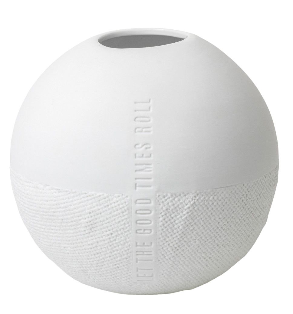 Weiße, runde Formsprache Vase von Räder mit Schriftzug und strukturierter Oberfläche. Dekorative Blumenvase.