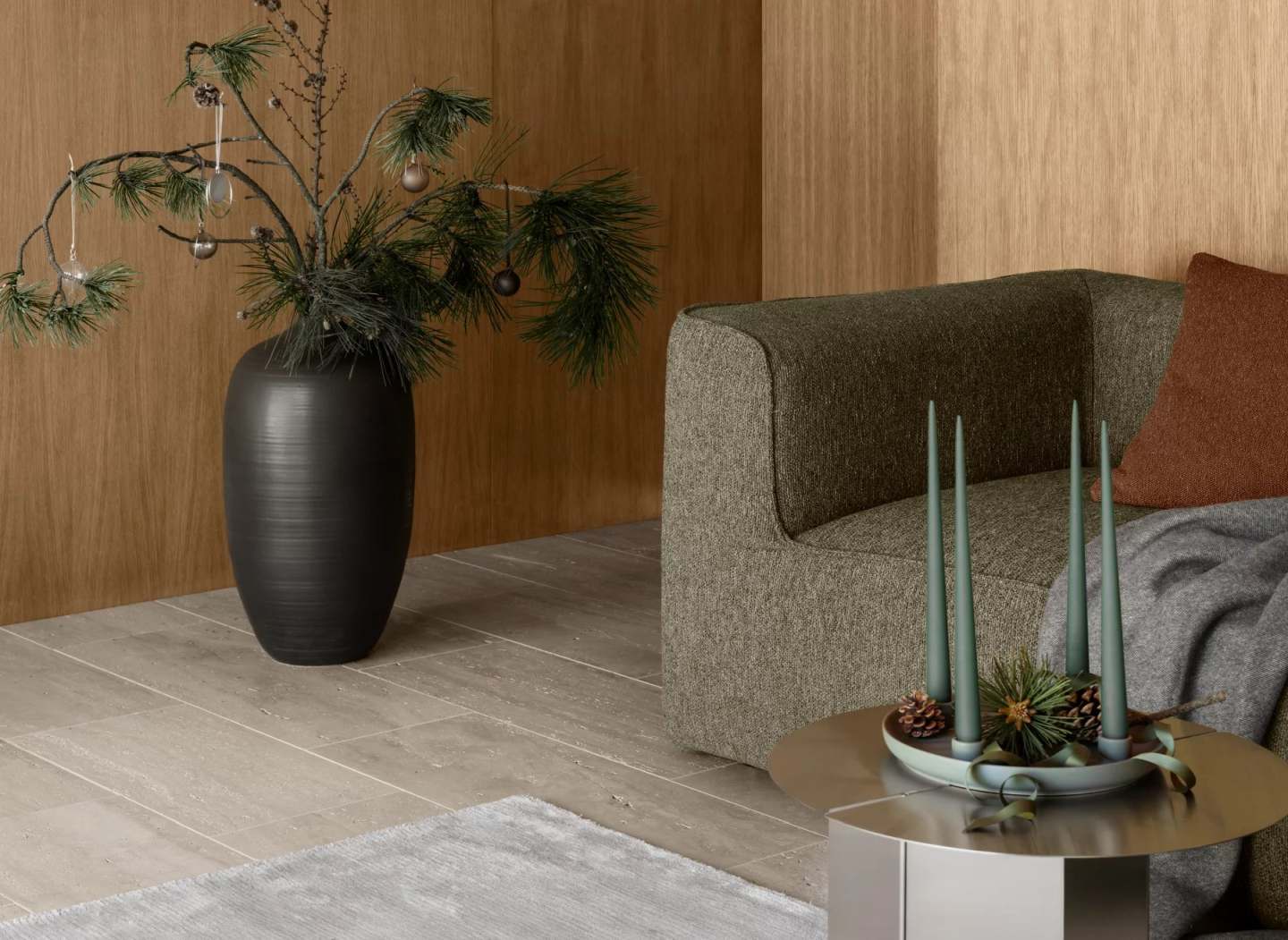 Detailaufnahme des Blomus Visca Rug Teppichs (200x300 cm) in einem modern eingerichteten Wohnzimmer.