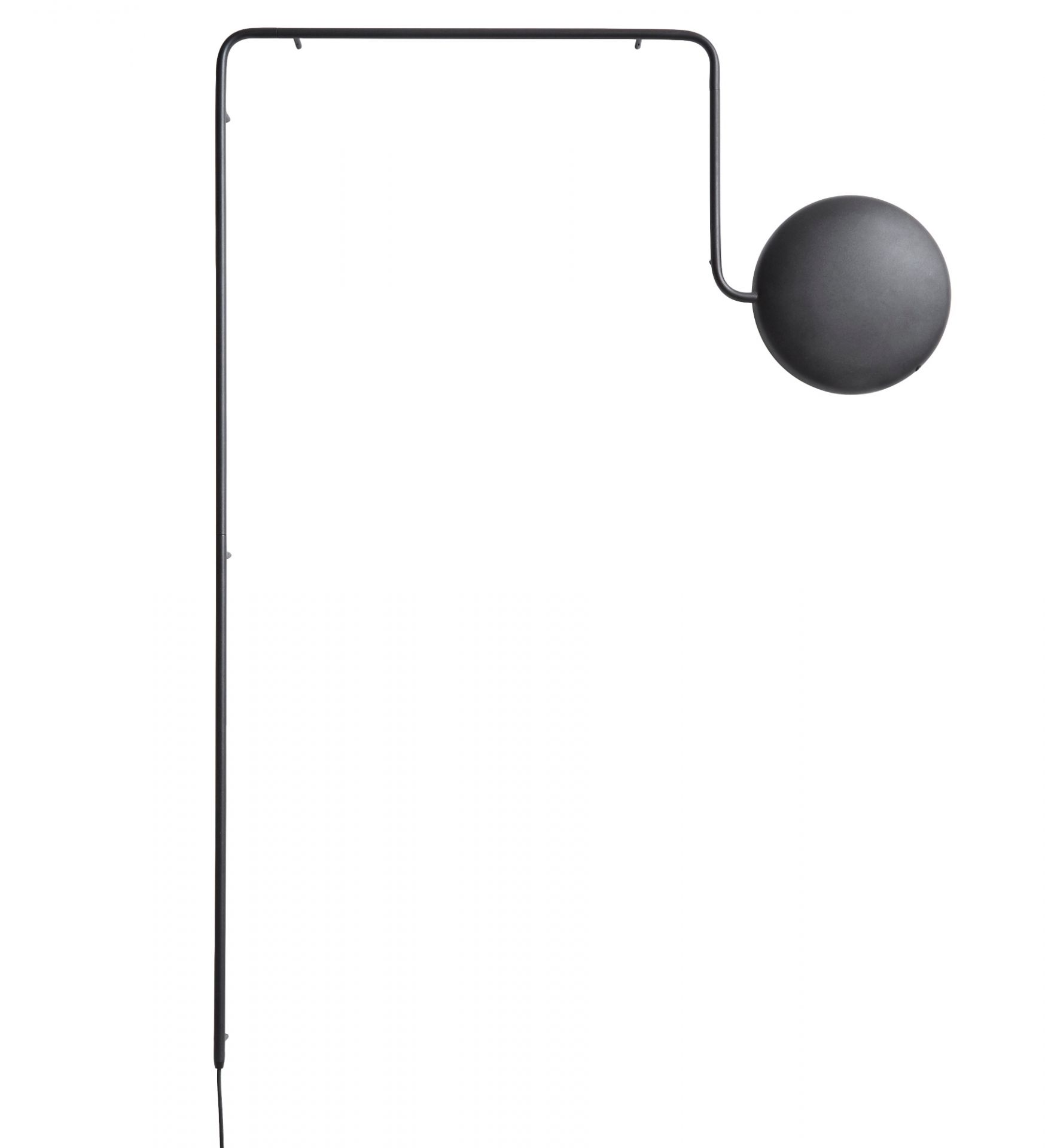 Schwarze Mercury Wandleuchte von Woud mit rundem Lampenschirm und filigranem Metallgestell.