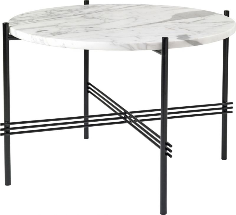 TS Coffee Table 55 Couchtisch von Gubi mit runder Marmorplatte und schwarzem Metallgestell.