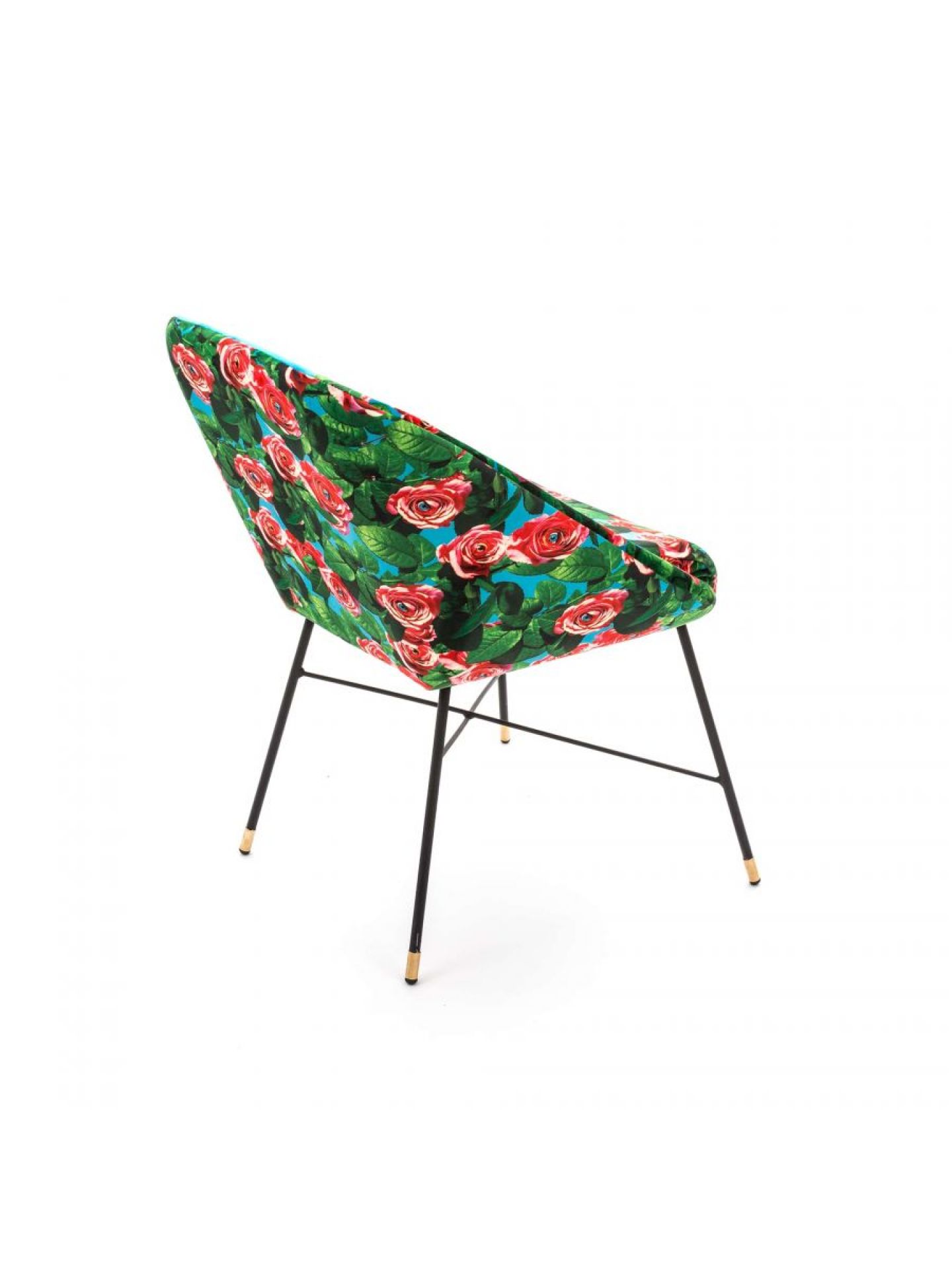 Toiletpaper Polsterstuhl Roses blue Seletti von hinten, mit floralem Rosenmuster und schwarzen Metallbeinen.