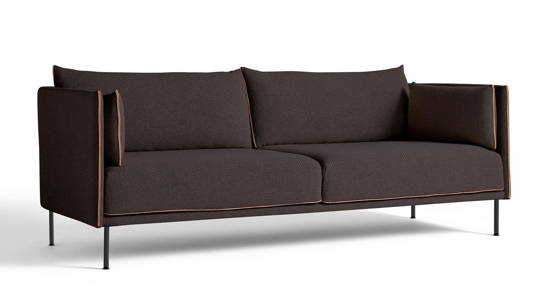 Silhouette Sofa 3-Sitzer in Braun mit schmalen, schwarzen Füßen. Modernes Sofa für Wohnzimmer und Büro.