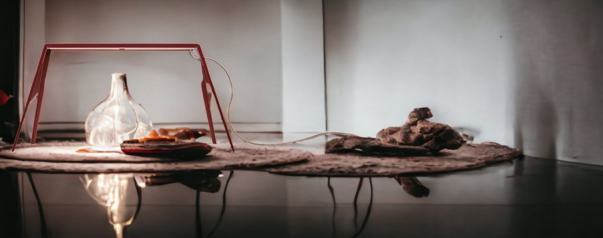 Foscarini Bridge Tischleuchte mit rotem Rahmen und Glasobjekt, modernes Design für Wohnraum.