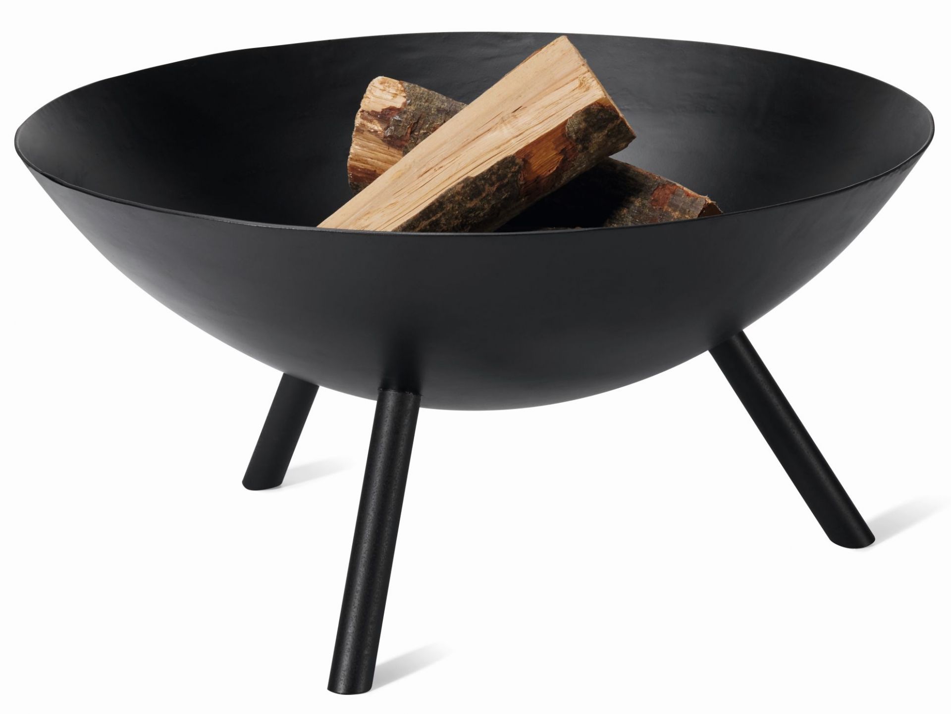 Schwarze Flames Feuerschale L von Philippi mit Holzscheiten, ideal zum Grillen und Feuermachen.