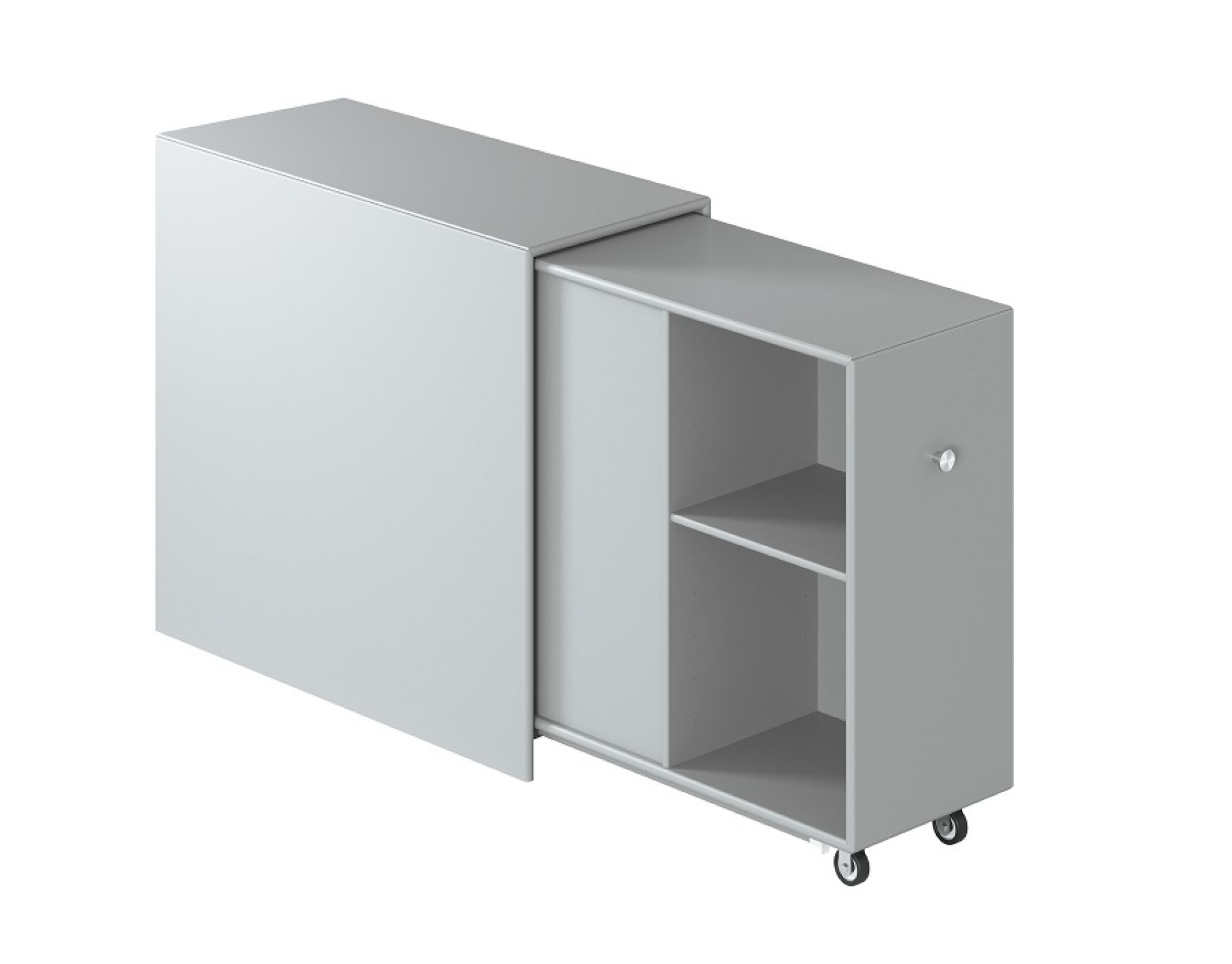 Cargo Modul 80 Schrank von Montana, grauer Schrank mit Schiebetür und Regalfächern auf Rollen.