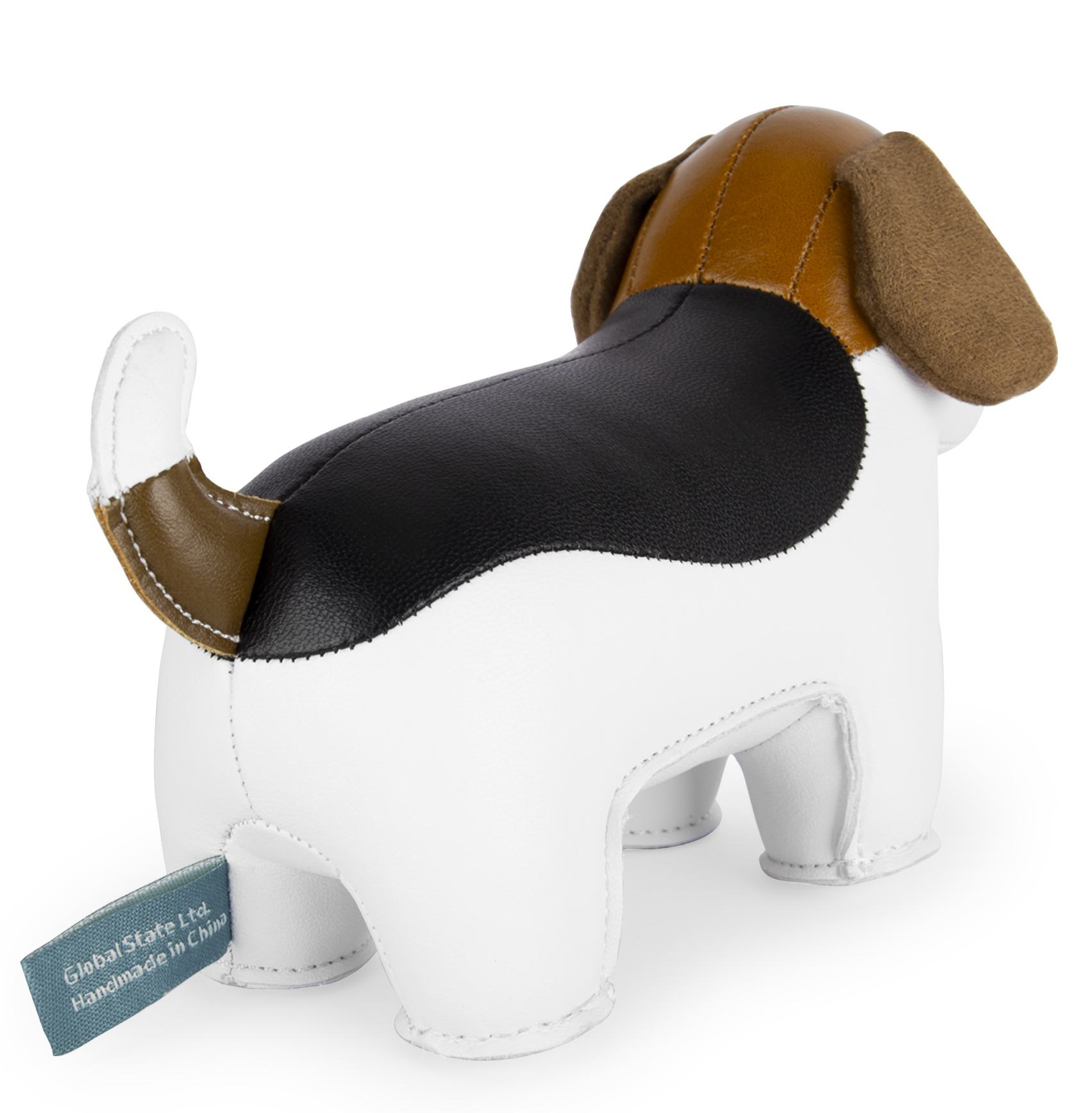 Rückansicht des Züny Beagle Briefbeschwerers: Handgefertigter Deko-Artikel in Weiß, Schwarz und Braun.