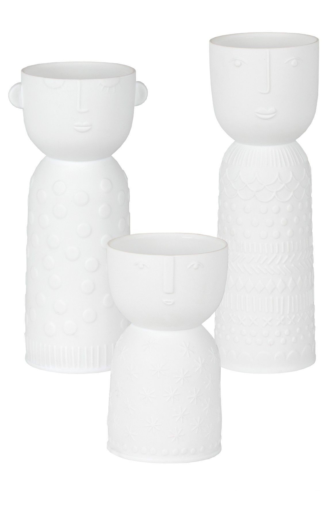 Naturgestalten Vasen 3er Set von Räder, weiße Deko Vasen mit Gesicht, modernes Design.