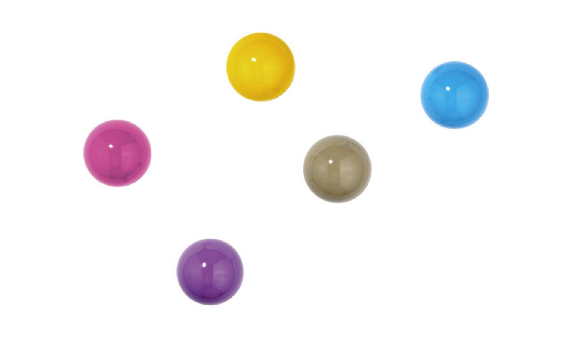 Dots Wandhaken 5er Set von Schönbuch: Fünf farbige, runde Wandhaken in Gelb, Blau, Lila, Pink und Grau.