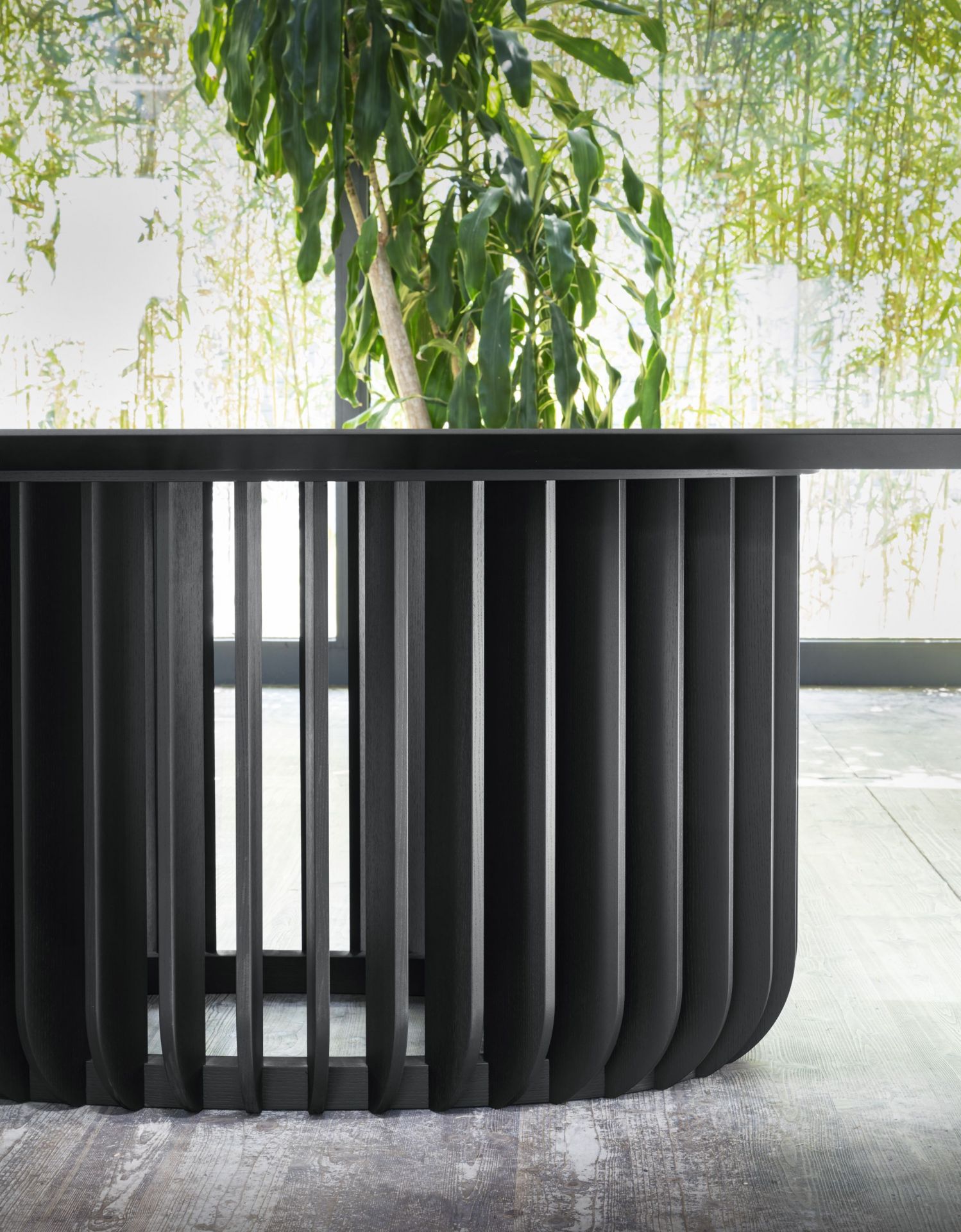 Schwarzer Juice Tisch von Miniforms mit gerippter Basis und Pflanze im Hintergrund. Designtisch für Wohnzimmer.