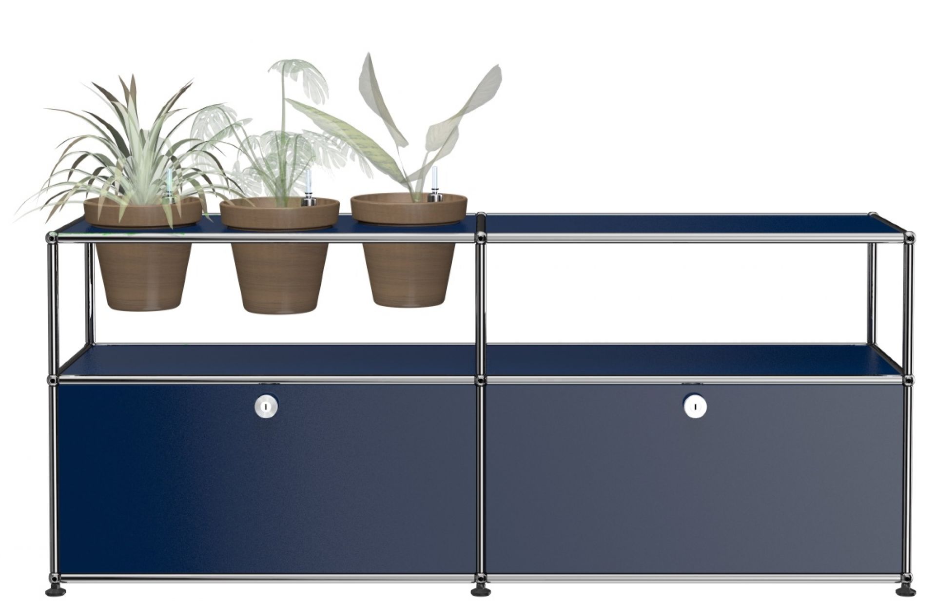Stahlblaues USM Haller Sideboard mit Pflanzenwelten Konfiguration, modulare Möbel für Wohnen und Büro.