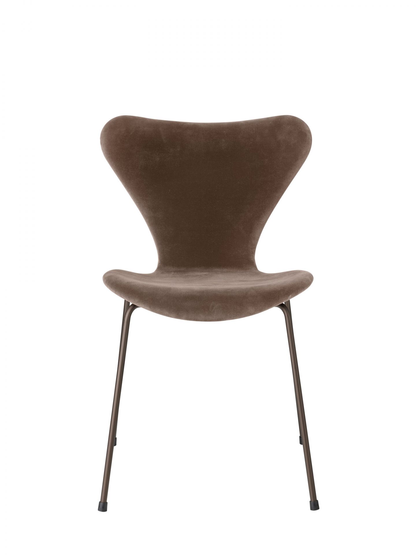 Series 7 Stuhl von Fritz Hansen, Belfast Modell, braun-grauer Samt, Vollpolster, Frontansicht.