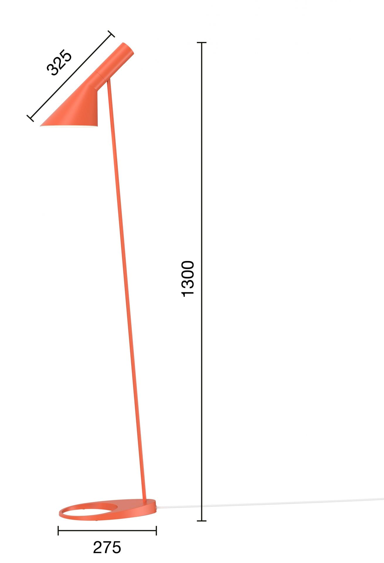 AJ Stehleuchte von Louis Poulsen in Electric Orange mit Maßangaben für E-Commerce.