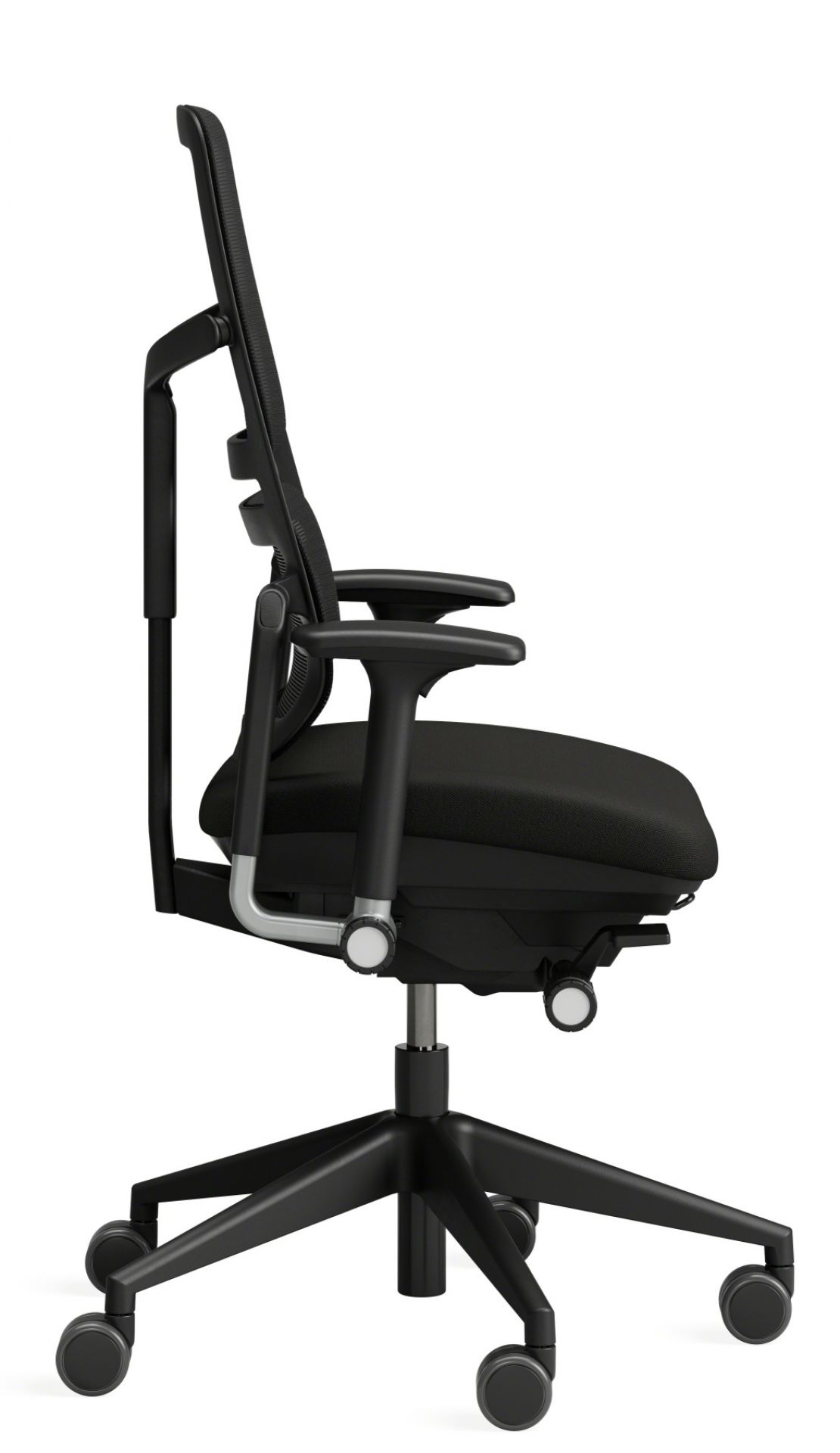 Schwarzer Please Air Bürostuhl von Steelcase mit Netzrücken, ergonomisch und verstellbar, Seitenansicht.