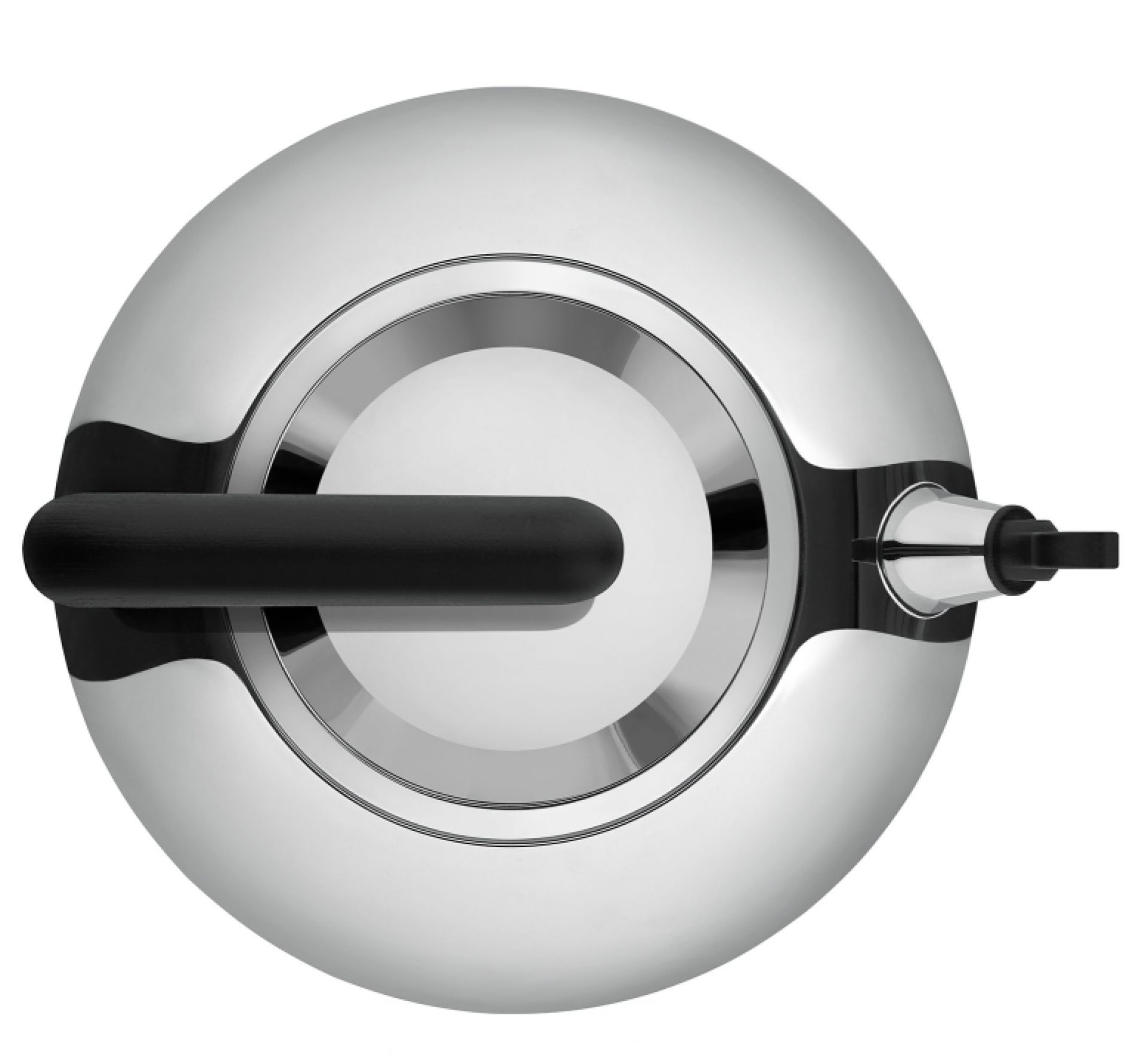 Draufsicht: Alessi Irony Bulbul Wasserkessel, Edelstahl, schwarzer Griff, Design-Wasserkocher für die Küche.