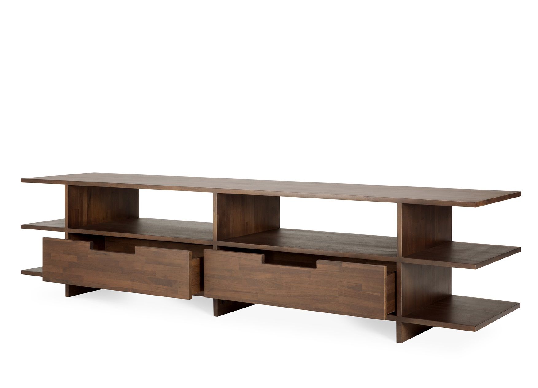 Kabuki TV Anrichte von Ethnicraft aus Teakholz in Dunkelbraun mit zwei Schubladen.