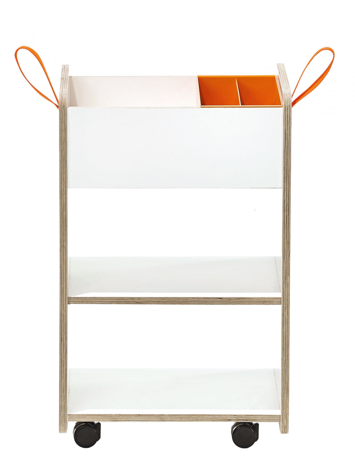 Kindercontainer Fixx von Richard Lampert: Mobiler Spielzeugwagen mit drei weißen Ablageflächen und orangen Griffen.