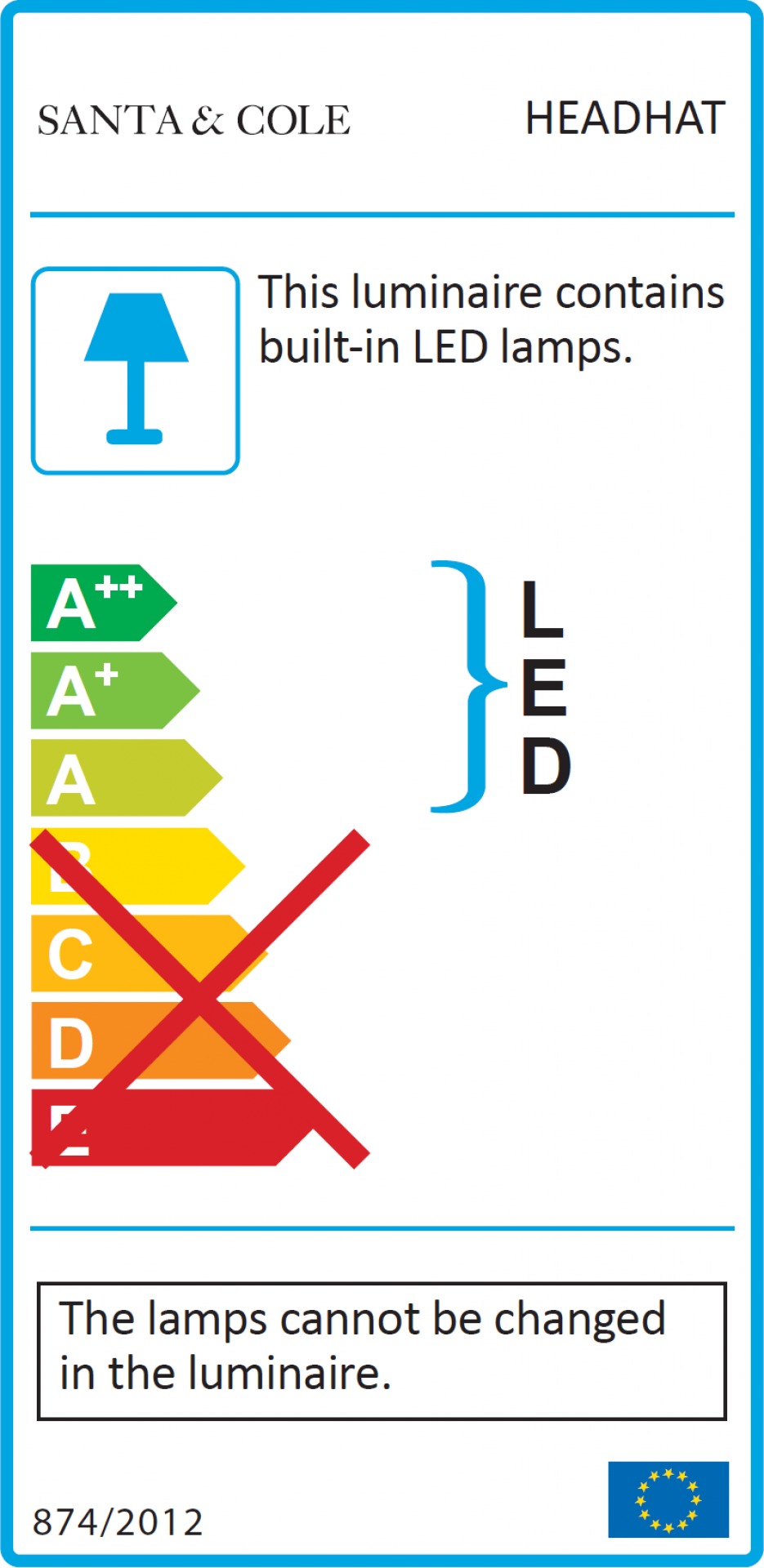 Energielabel der Headhat Pendelleuchte von Santa & Cole mit integrierten LED-Lampen.