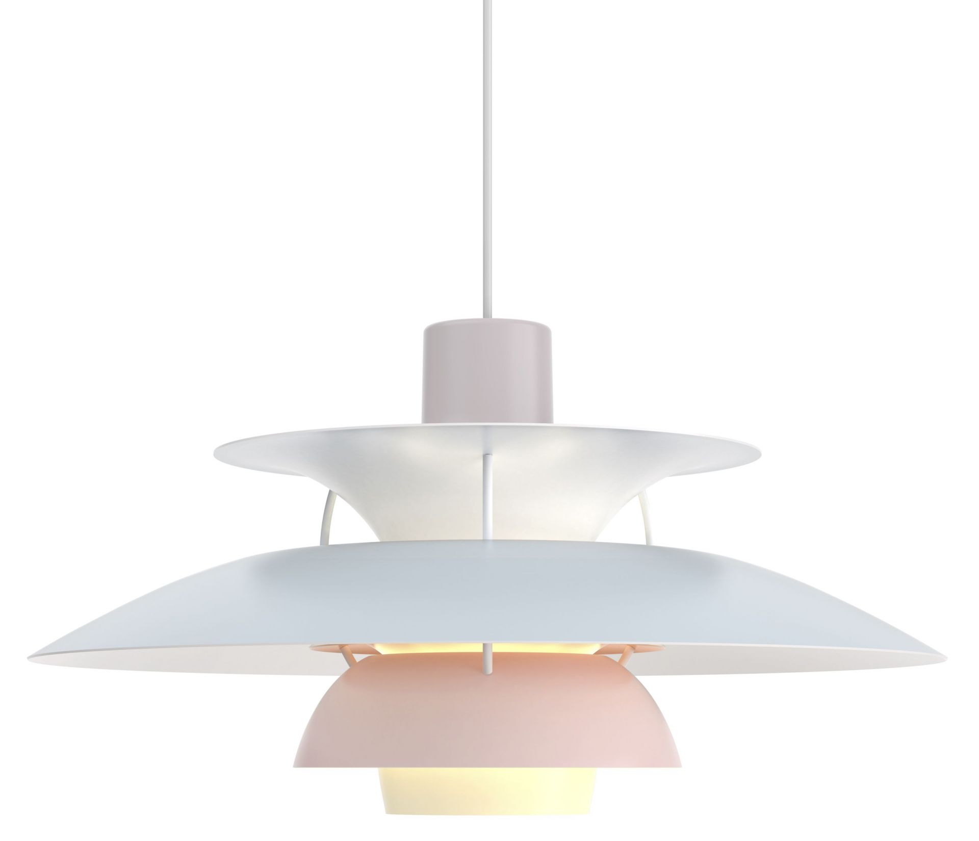 PH 5 Pendelleuchte in Pastellfarben: Austerngrau, Blau und Rosa. Design-Hängeleuchte für stilvolle Innenraumbeleuchtung.