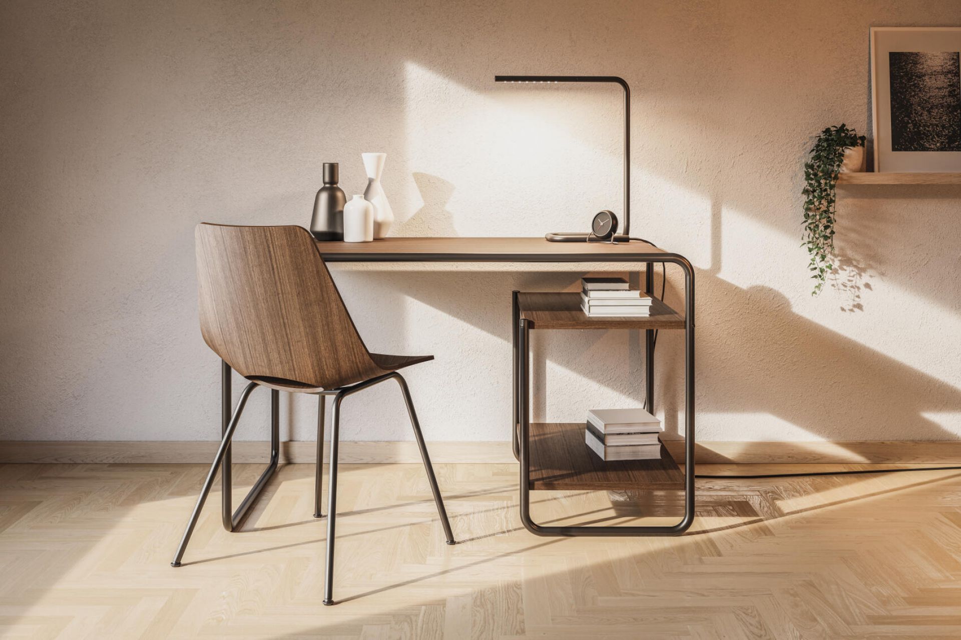 S 661 Stahlrohrstuhl von Thonet am Schreibtisch. Designklassiker mit Holzschale und Stahlrohrgestell.