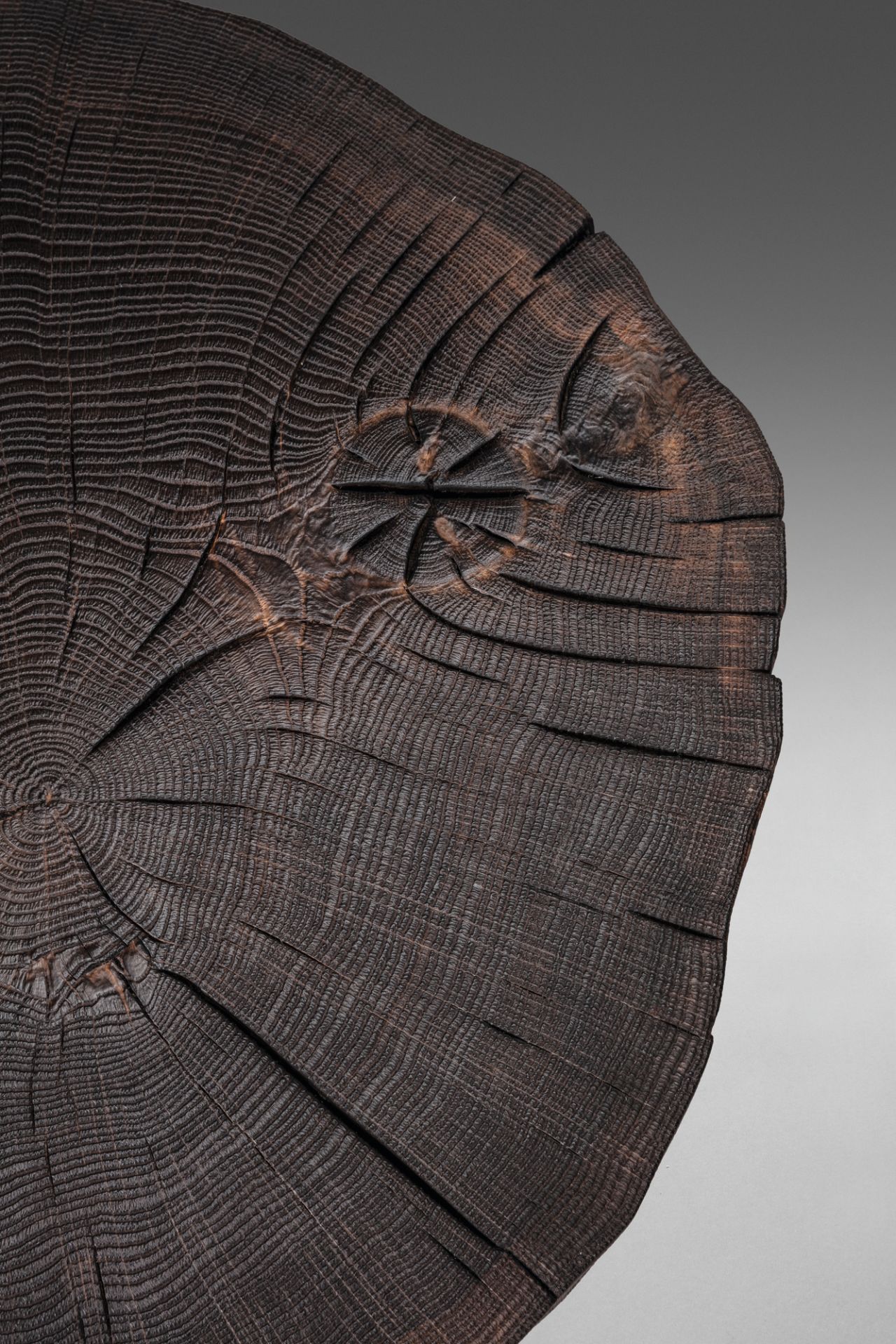 Detailaufnahme der Tischplatte vom Janua Stomp Beistelltisch H52, geköhlte Eiche mit Jahresringen und Astansatz.