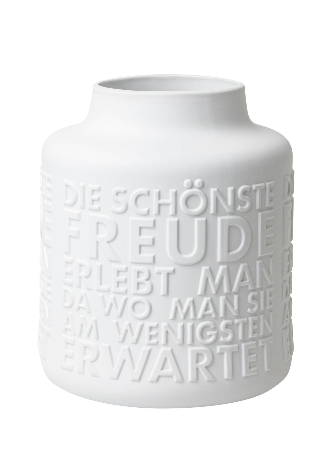 Weiße Räder Vase "Freude" aus Keramik mit erhabenem Schriftzug, moderne Blumenvase für Wohnaccessoires.