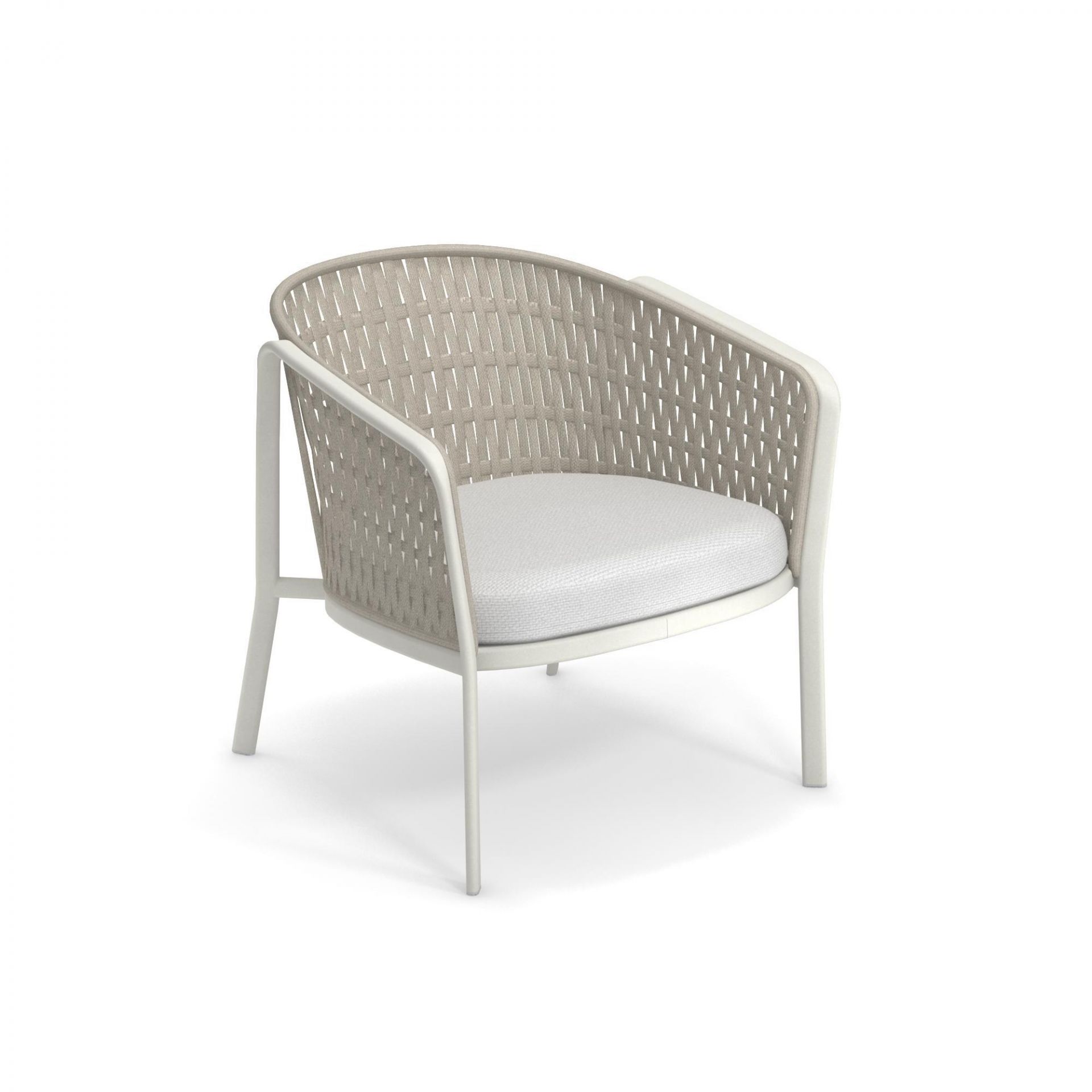 Carousel Loungesessel von Emu: Weißes Gestell, melange-elfenbeinfarbene Sitzfläche, Outdoor-Möbel für Garten und Terrasse.