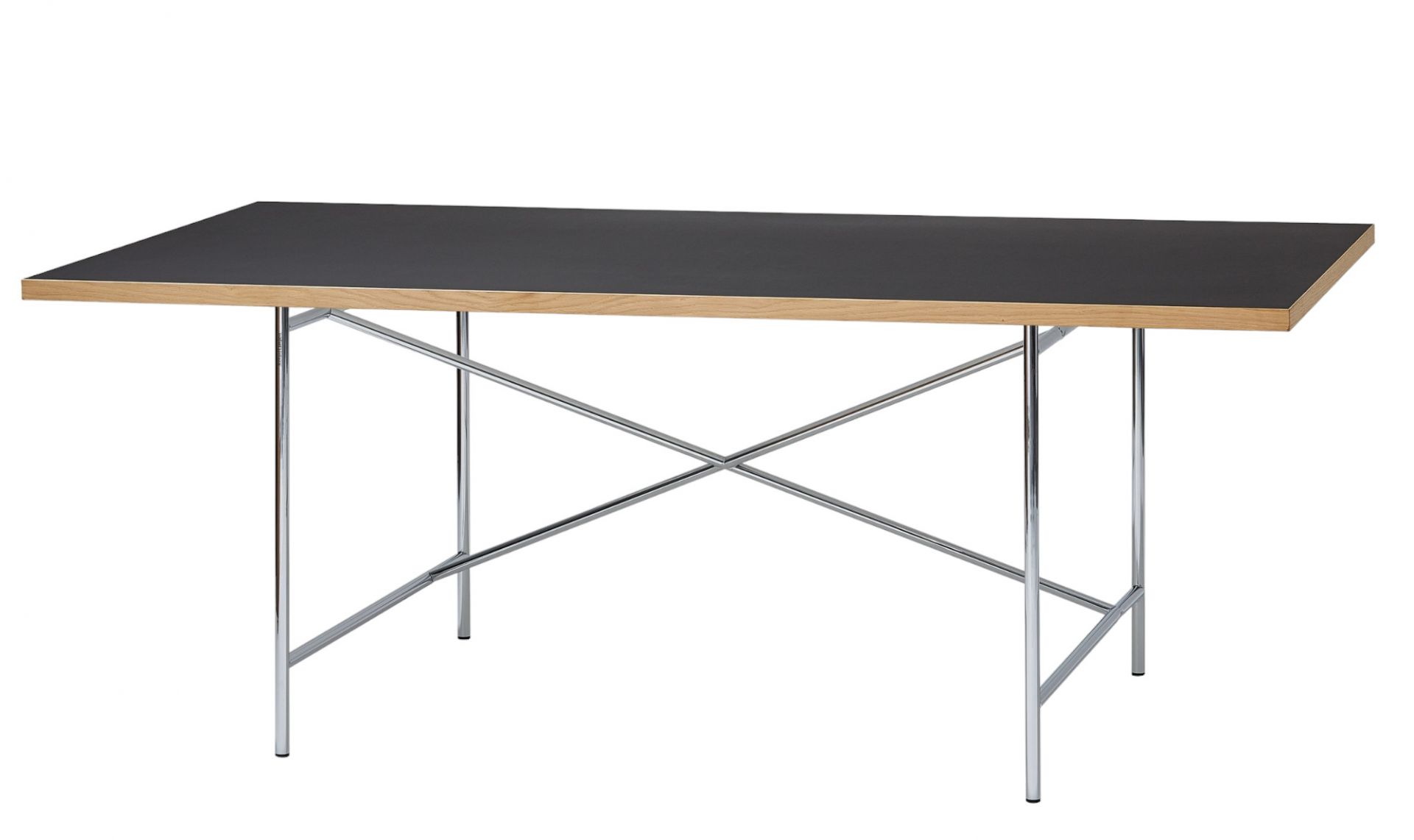 Eiermann Tisch mit schwarzer Linoleum-Tischplatte und verchromtem Stahlgestell, 160x90 cm. Moderner Bürotisch für Arbeitszimmer.
