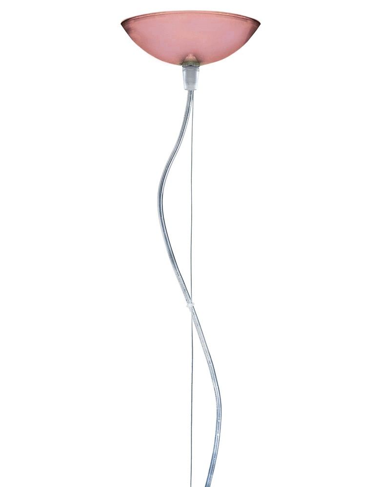 Fly Pendelleuchte von Kartell, rosafarbene Hängelampe mit transparentem Kabel, modernes Design für Wohnräume.