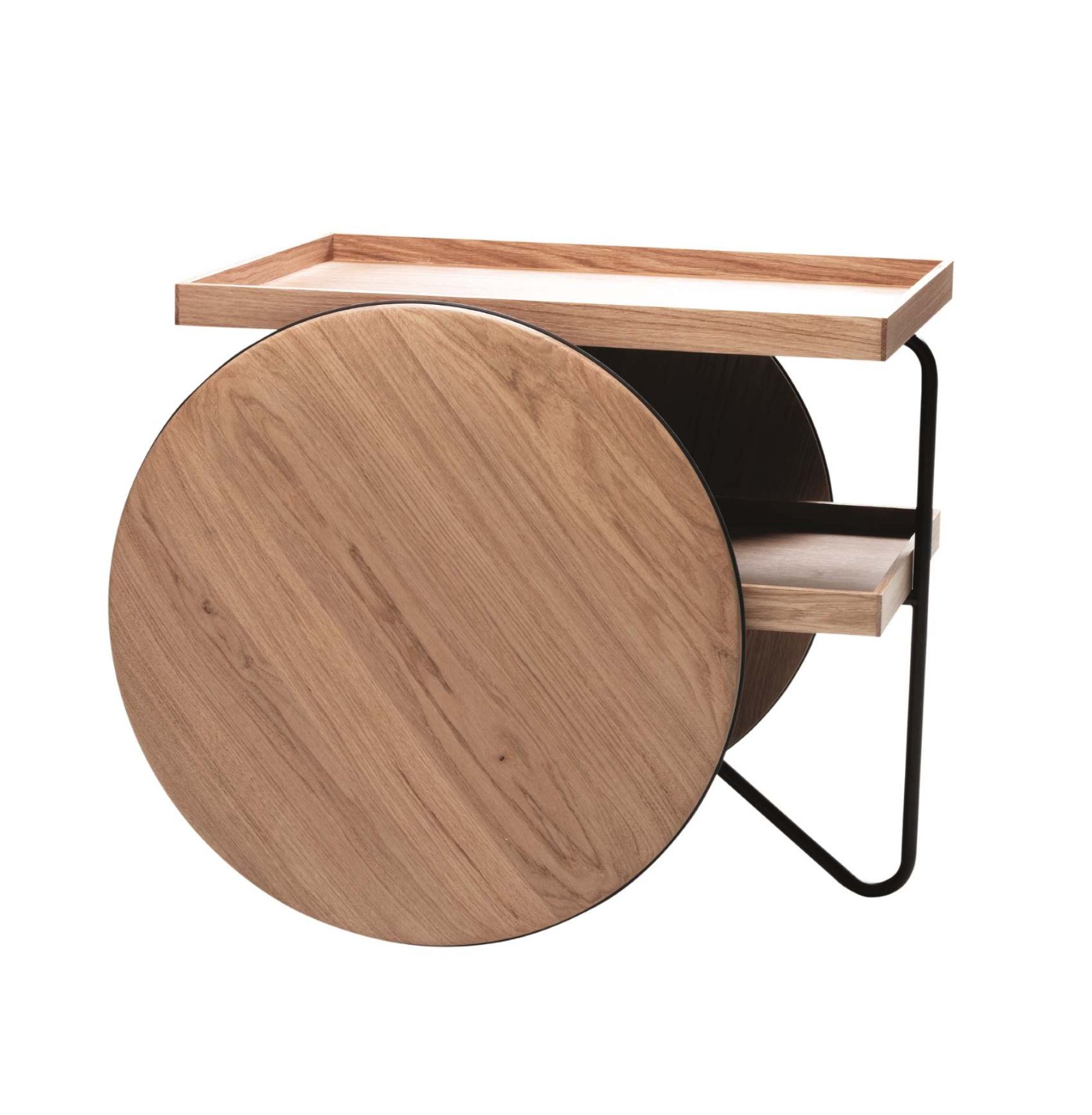 Chariot Servierwagen aus Holz mit schwarzem Metallgestell und zwei Ablageflächen. Moderner Beistelltisch.