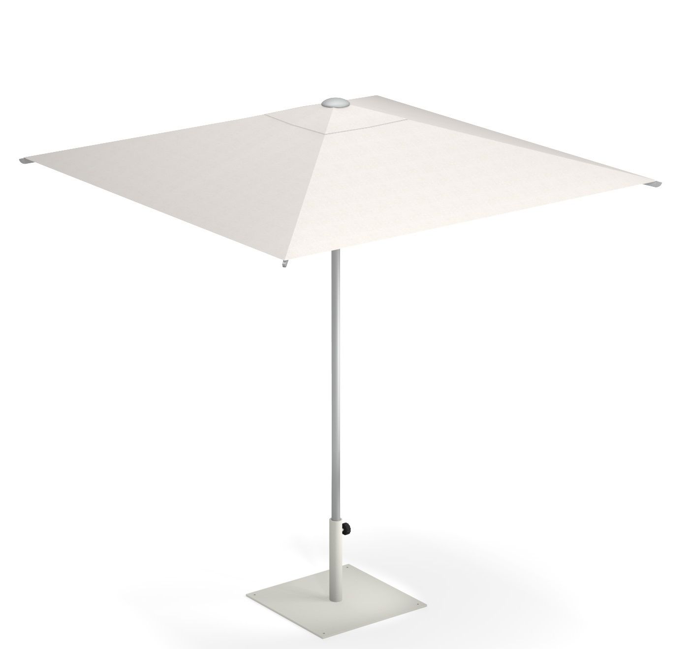 Weißer Shade Sonnenschirm von Emu für den Outdoor-Bereich mit quadratischem Schirm und Ständer.